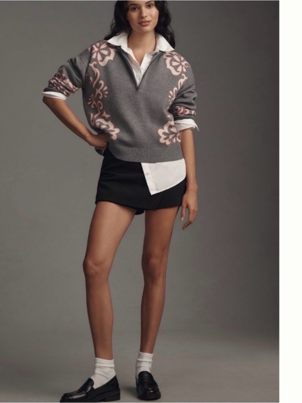Maeve Gray Pullover Sweater with Pink Floral Motif
